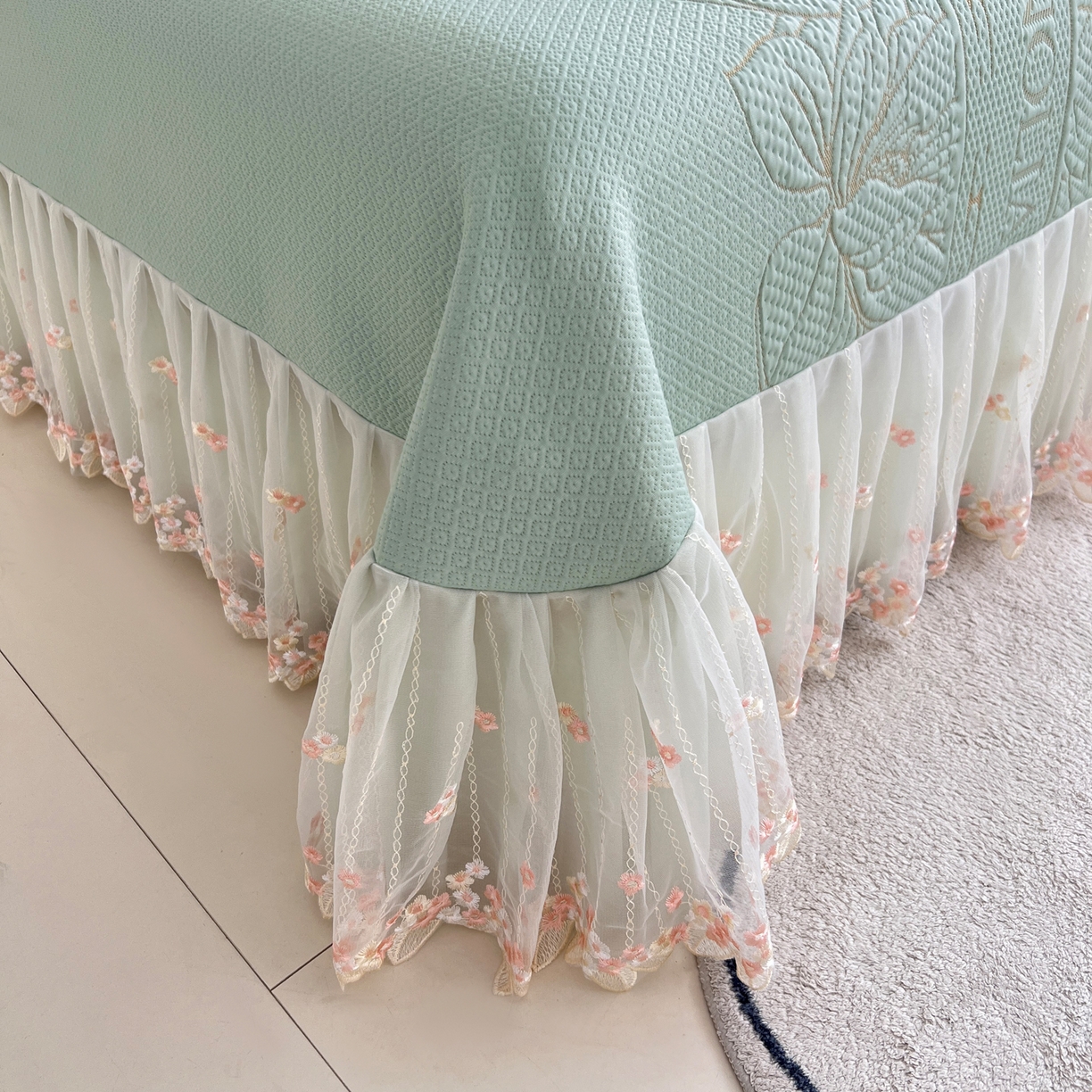 91家纺网 家纺一手货源 找家纺 能好家纺 2026春夏新款高分子PE冰豆豆床盖款凉席席子 半夏绿