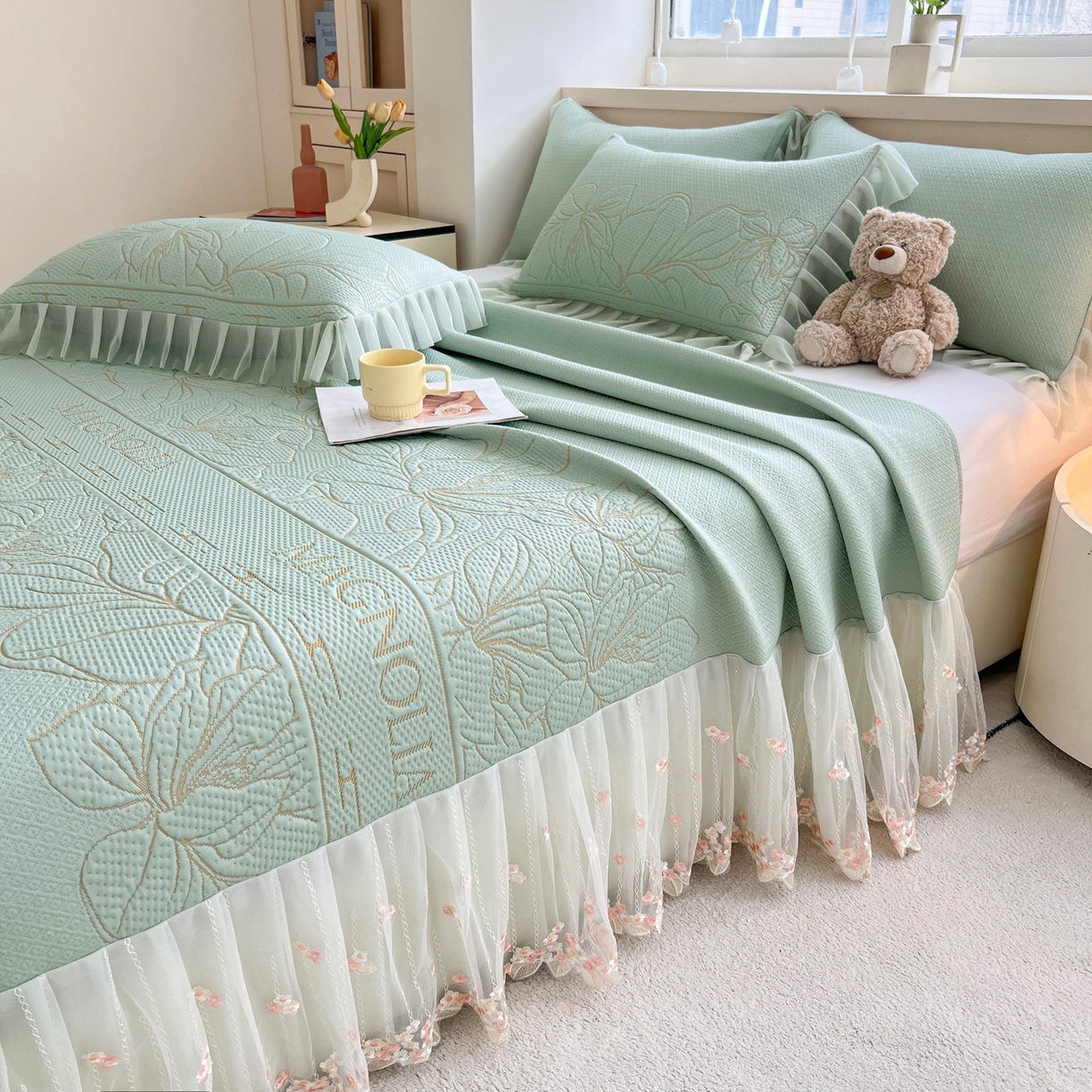 91家纺网 家纺一手货源 找家纺 能好家纺 2026春夏新款高分子PE冰豆豆床盖款凉席席子 半夏绿