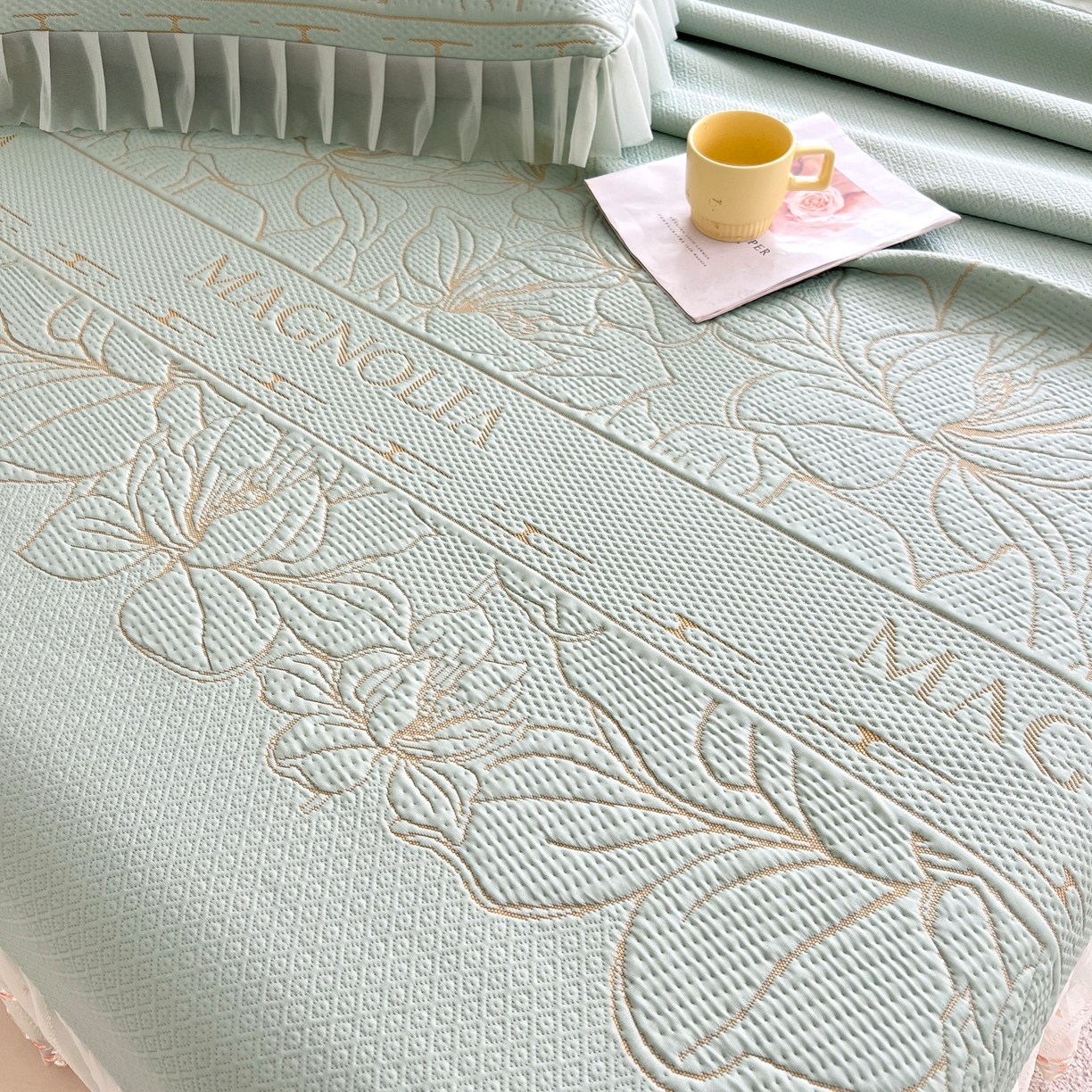 91家纺网 家纺一手货源 找家纺 能好家纺 2026春夏新款高分子PE冰豆豆床盖款凉席席子 半夏绿