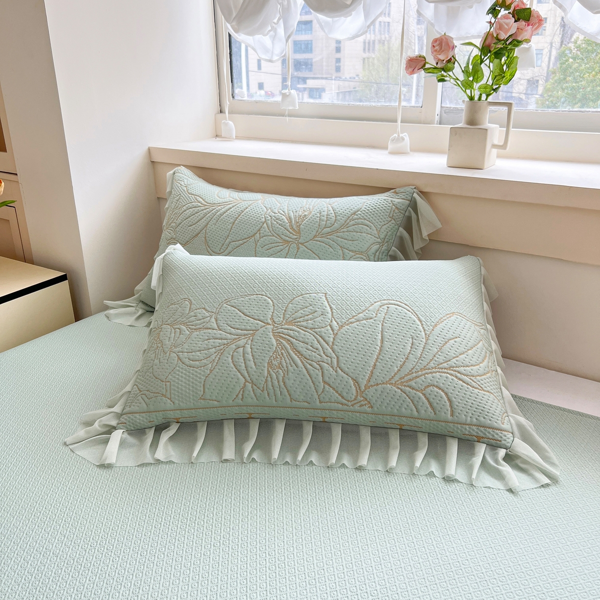 91家纺网 家纺一手货源 找家纺 能好家纺 2026春夏新款高分子PE冰豆豆床盖款凉席席子 半夏绿