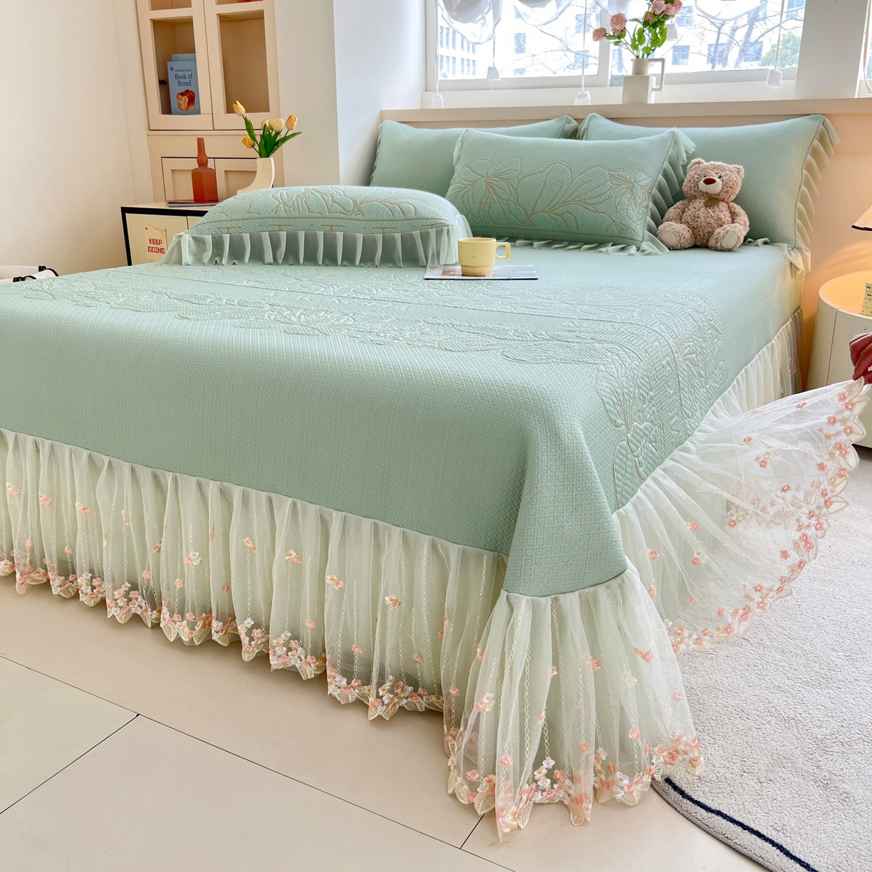 91家纺网 家纺一手货源 找家纺 能好家纺 2026春夏新款高分子PE冰豆豆床盖款凉席席子 半夏绿