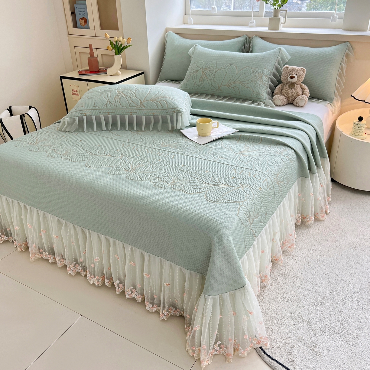 91家纺网 家纺一手货源 找家纺 能好家纺 2026春夏新款高分子PE冰豆豆床盖款凉席席子 半夏绿