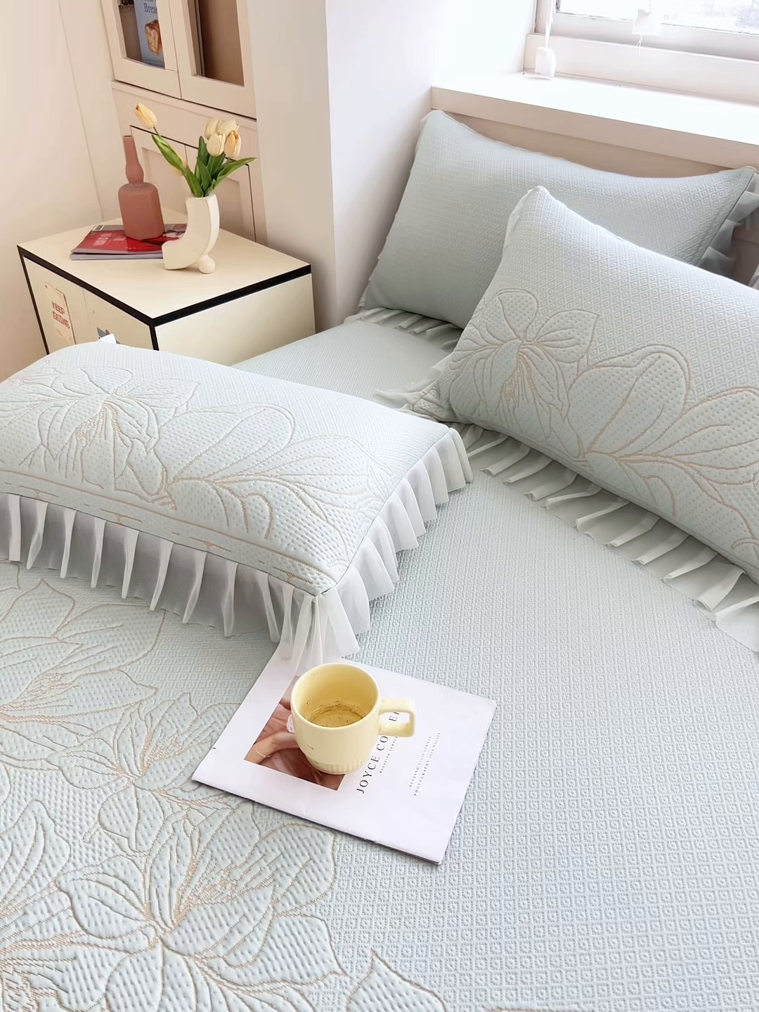 91家纺网 家纺一手货源 找家纺 能好家纺 2026春夏新款高分子PE冰豆豆床盖款凉席席子 半夏绿