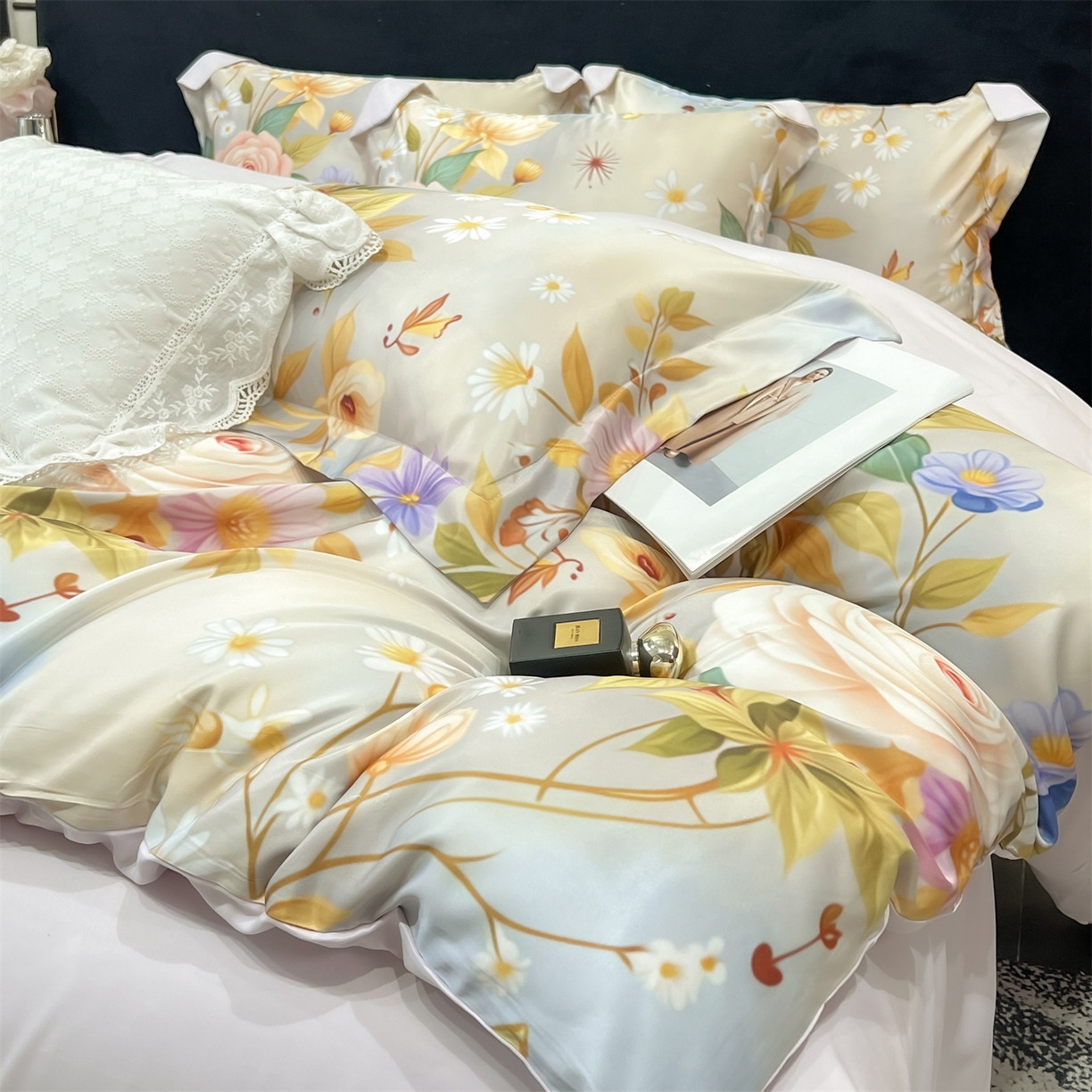 91家纺网 家纺一手货源 找家纺 优贝家纺 2026新款水洗天丝冰丝数码印花四件套 米杏花叙