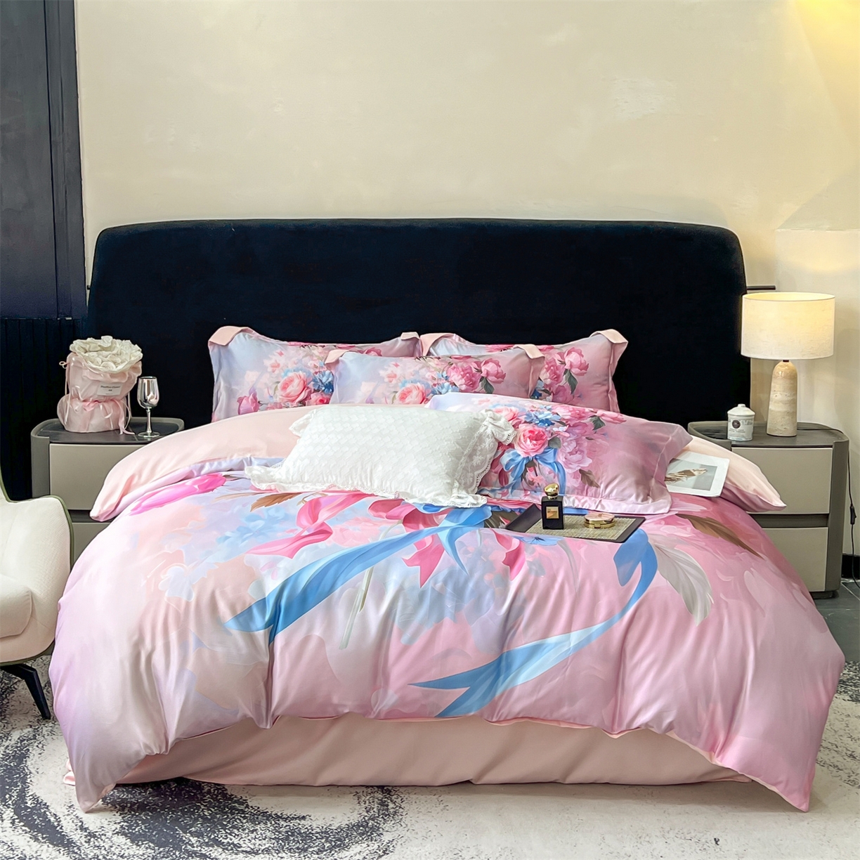 优贝家纺 2026新款水洗天丝冰丝数码印花四件套 缎带花信