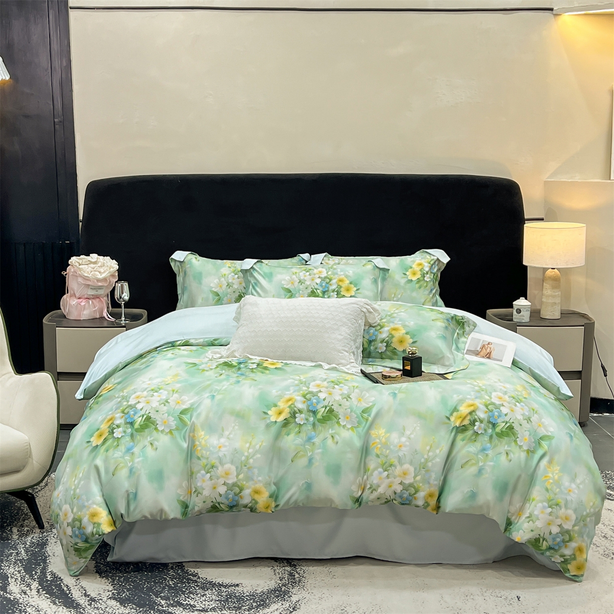 优贝家纺 2026新款水洗天丝冰丝数码印花四件套 青釉花韵