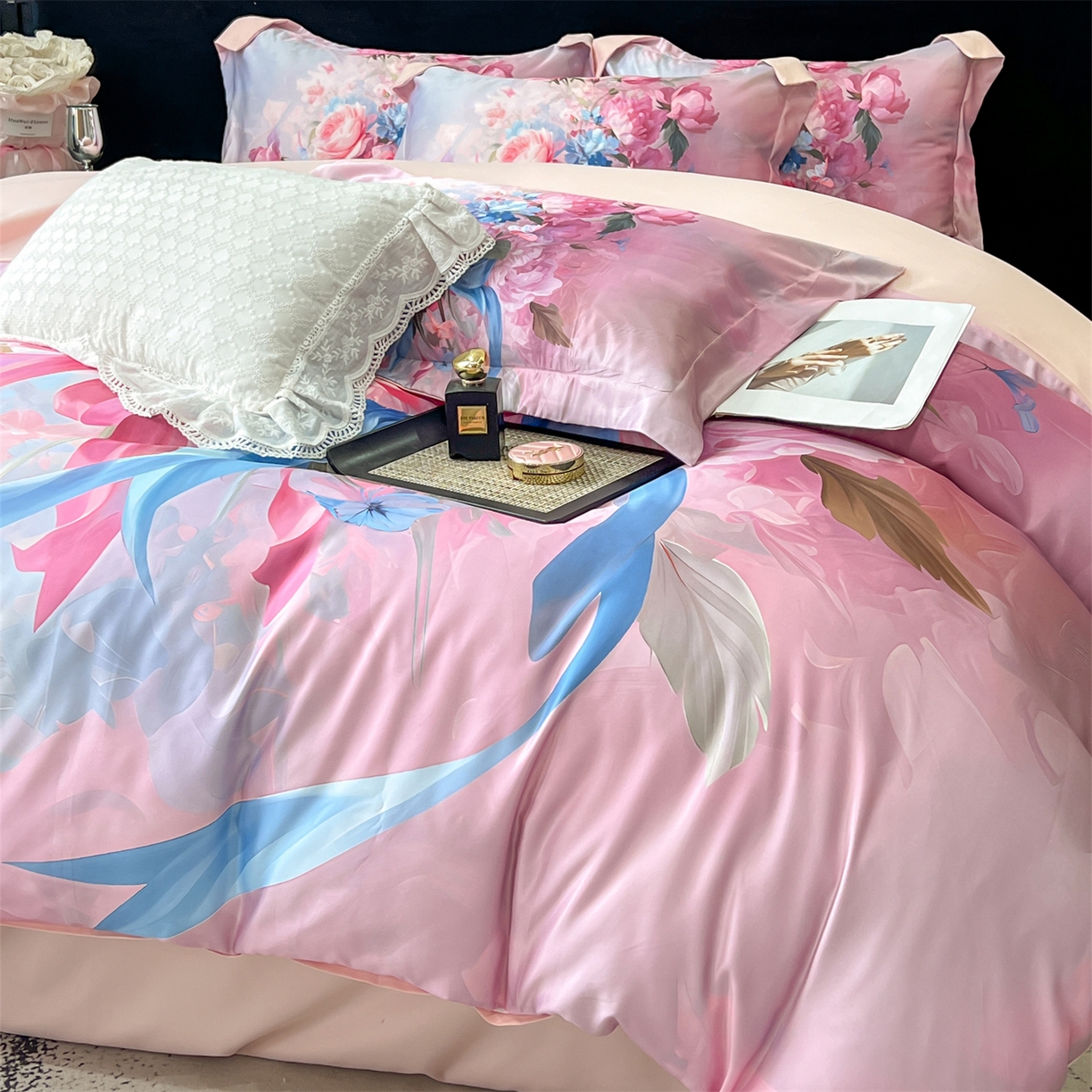 91家纺网 家纺一手货源 找家纺 优贝家纺 2026新款水洗天丝冰丝数码印花四件套 缎带花信