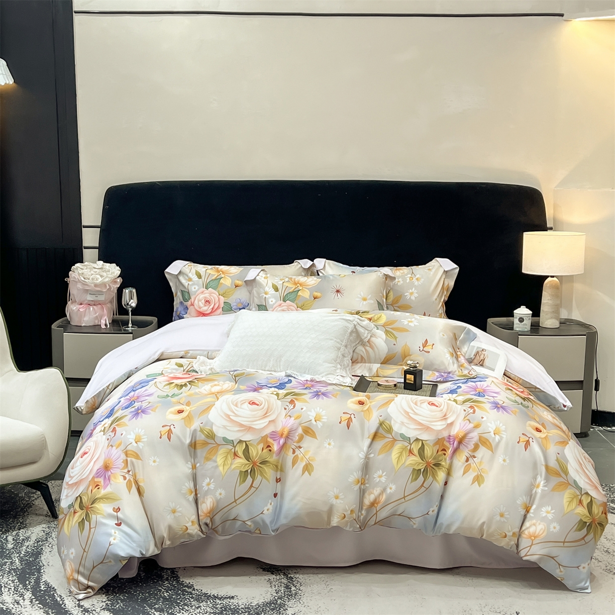 优贝家纺 2026新款水洗天丝冰丝数码印花四件套 米杏花叙