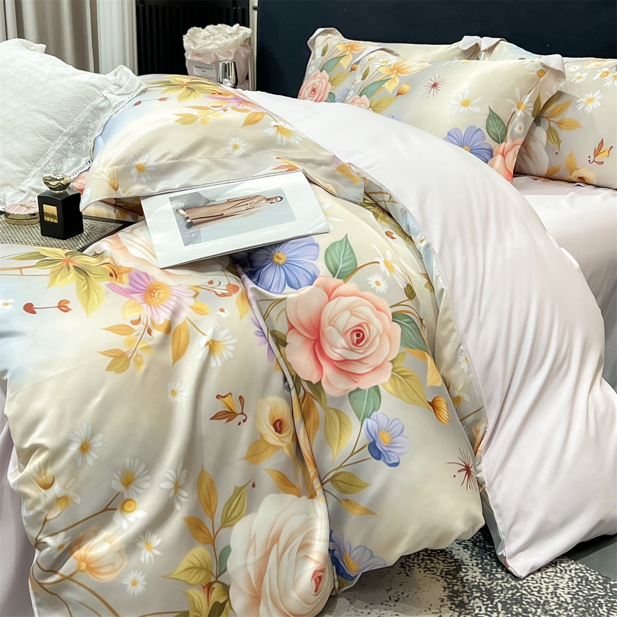 91家纺网 家纺一手货源 找家纺 优贝家纺 2026新款水洗天丝冰丝数码印花四件套 米杏花叙