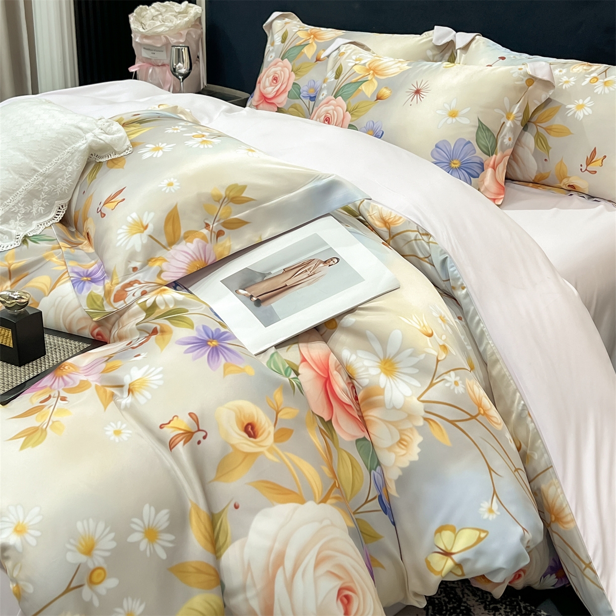 91家纺网 家纺一手货源 找家纺 优贝家纺 2026新款水洗天丝冰丝数码印花四件套 米杏花叙