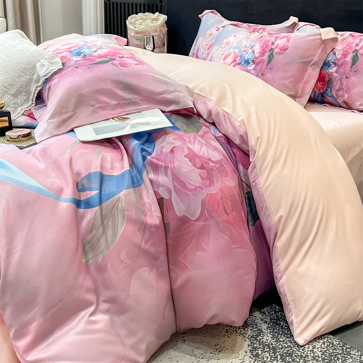 91家纺网 家纺一手货源 找家纺 优贝家纺 2026新款水洗天丝冰丝数码印花四件套 缎带花信