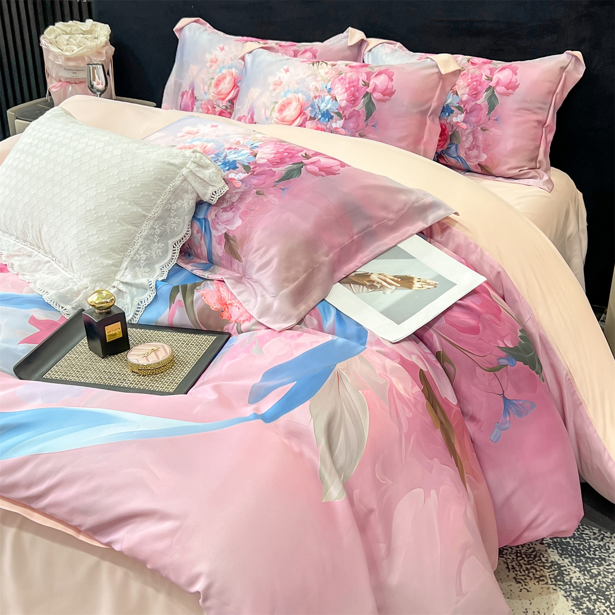 91家纺网 家纺一手货源 找家纺 优贝家纺 2026新款水洗天丝冰丝数码印花四件套 缎带花信