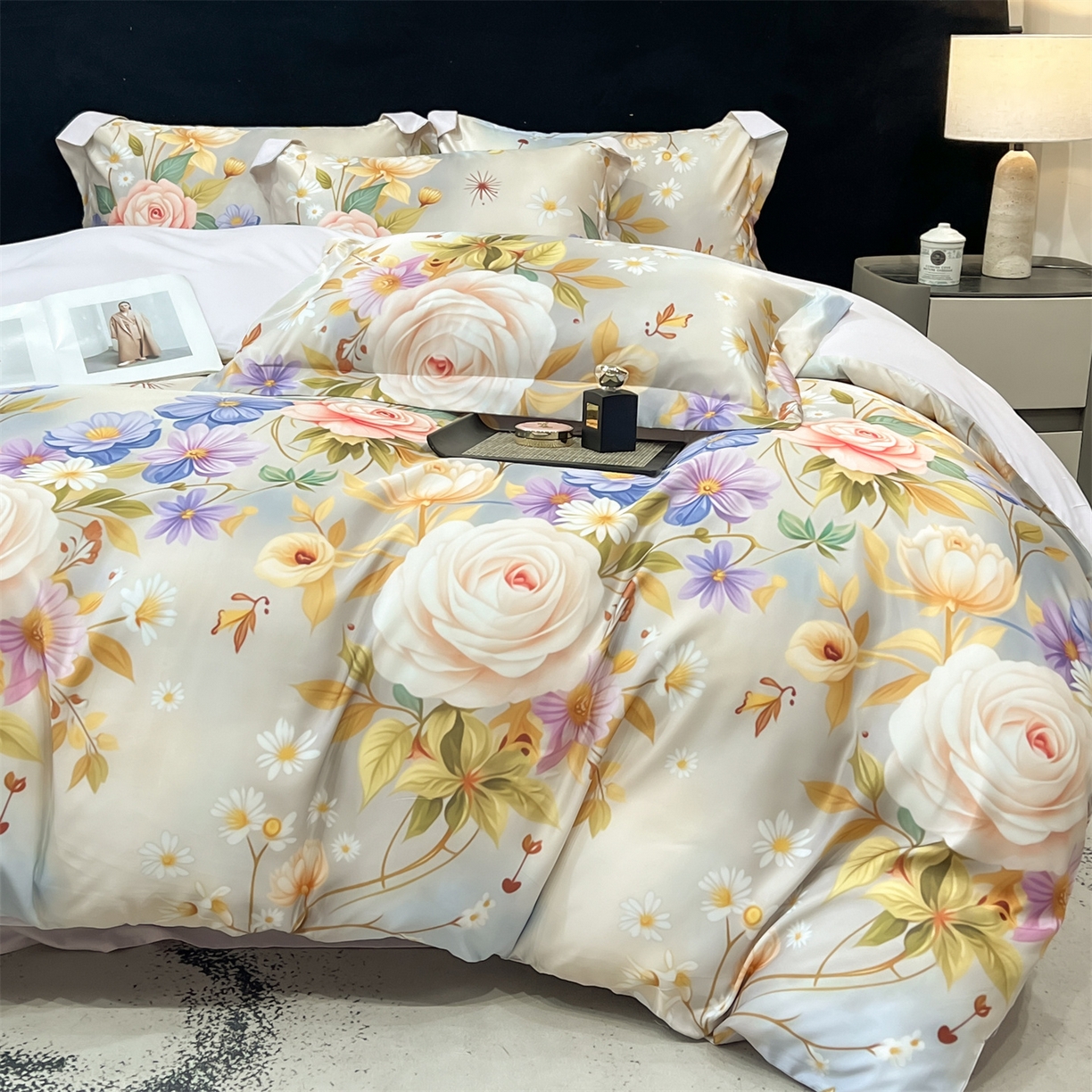 91家纺网 家纺一手货源 找家纺 优贝家纺 2026新款水洗天丝冰丝数码印花四件套 米杏花叙