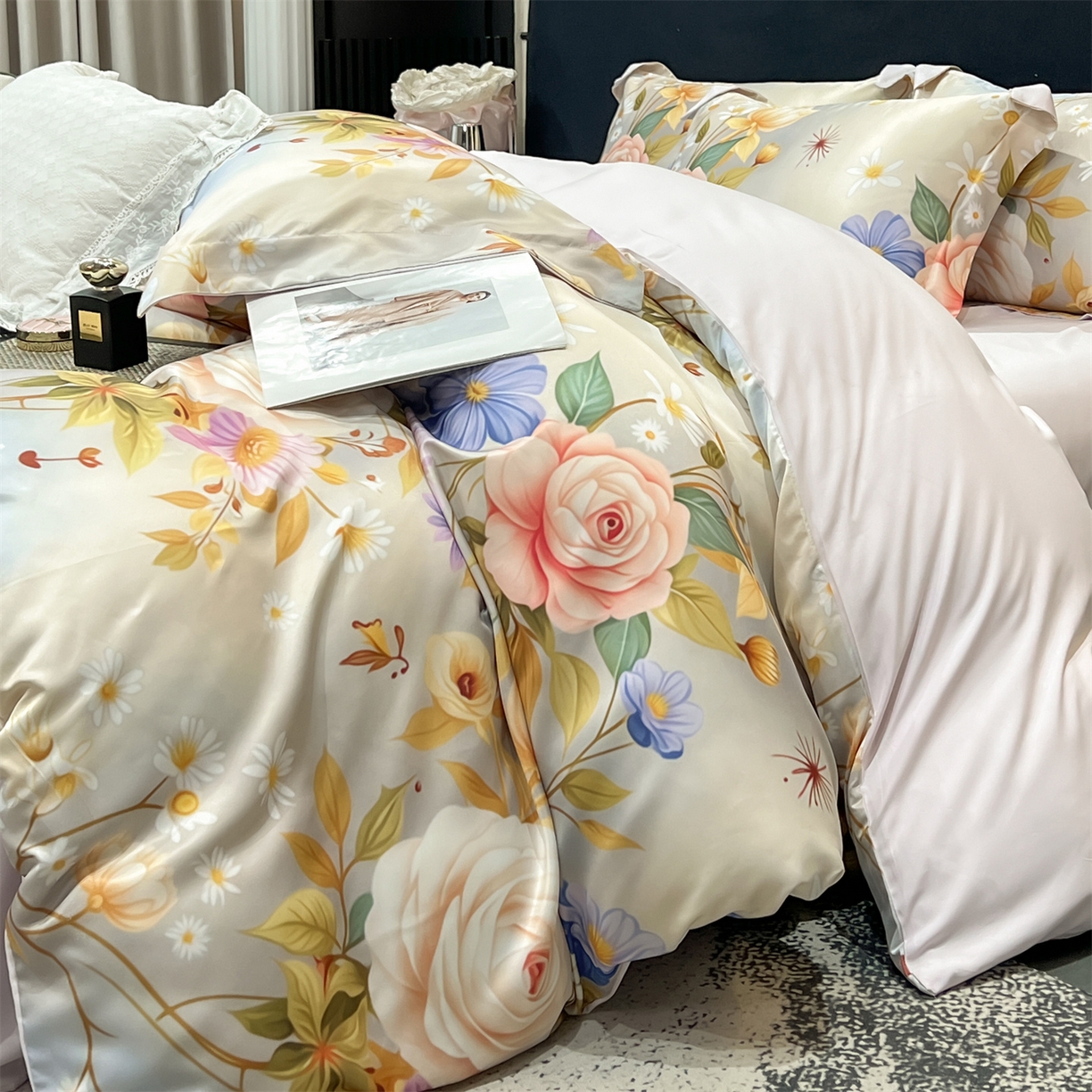 91家纺网 家纺一手货源 找家纺 优贝家纺 2026新款水洗天丝冰丝数码印花四件套 米杏花叙