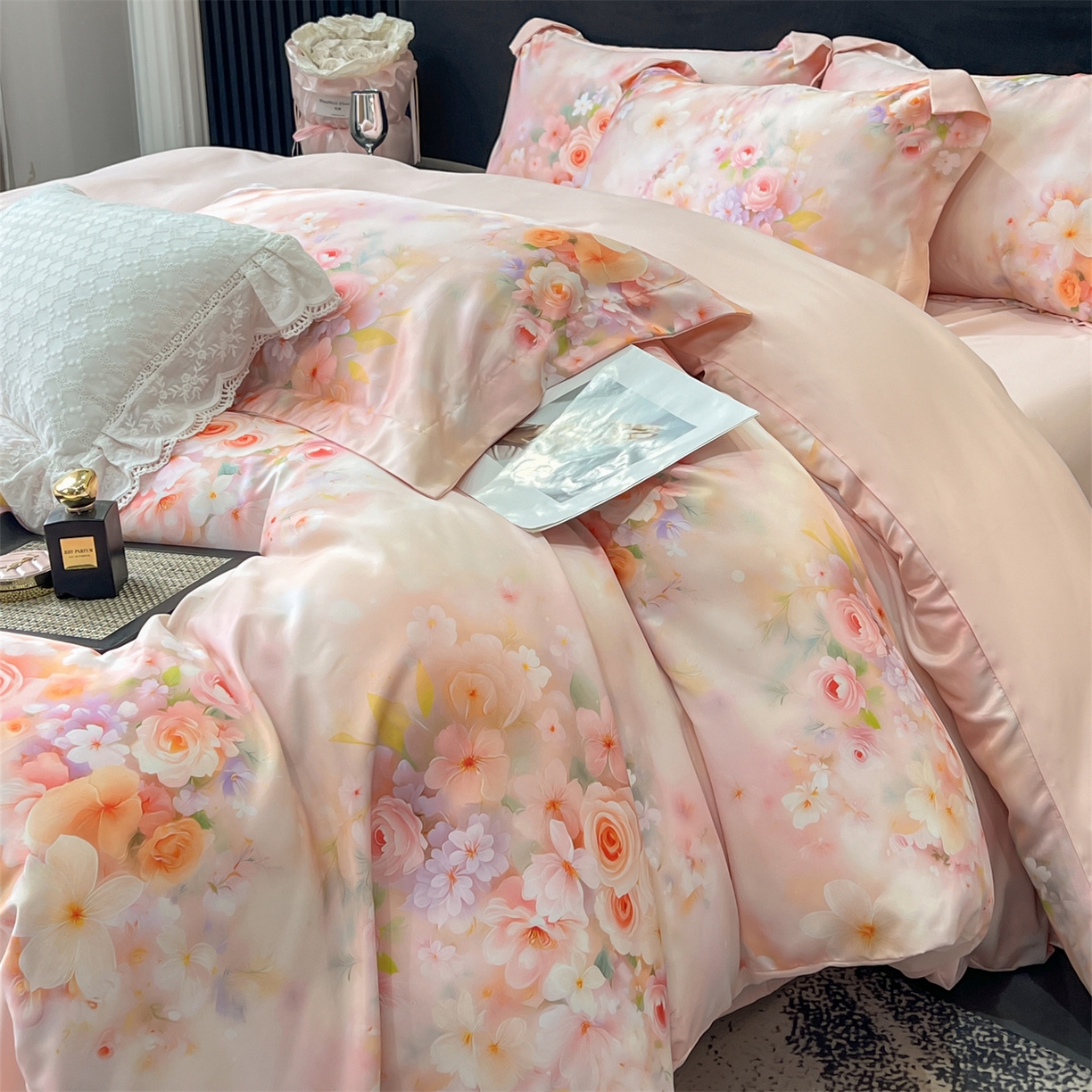 91家纺网 家纺一手货源 找家纺 优贝家纺 2026新款水洗天丝冰丝数码印花四件套 花涧序曲