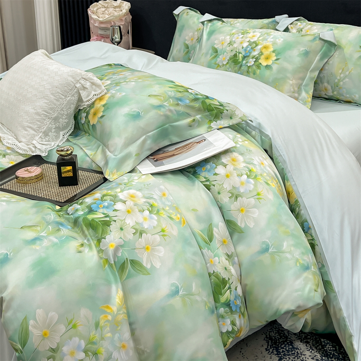 91家纺网 家纺一手货源 找家纺 优贝家纺 2026新款水洗天丝冰丝数码印花四件套 青釉花韵