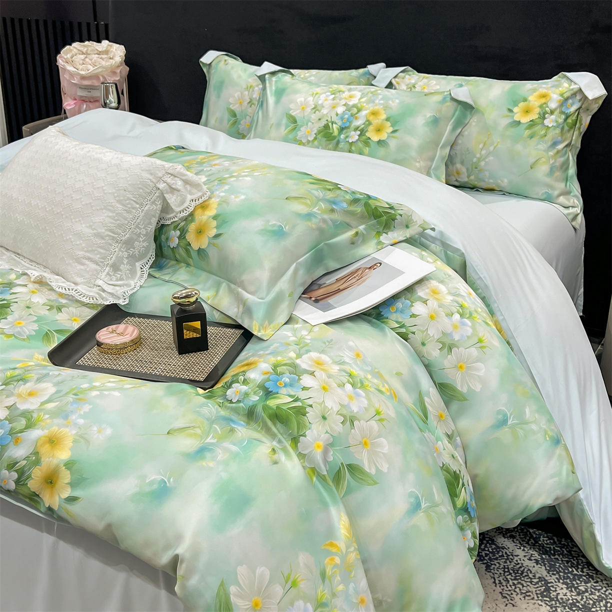 91家纺网 家纺一手货源 找家纺 优贝家纺 2026新款水洗天丝冰丝数码印花四件套 青釉花韵