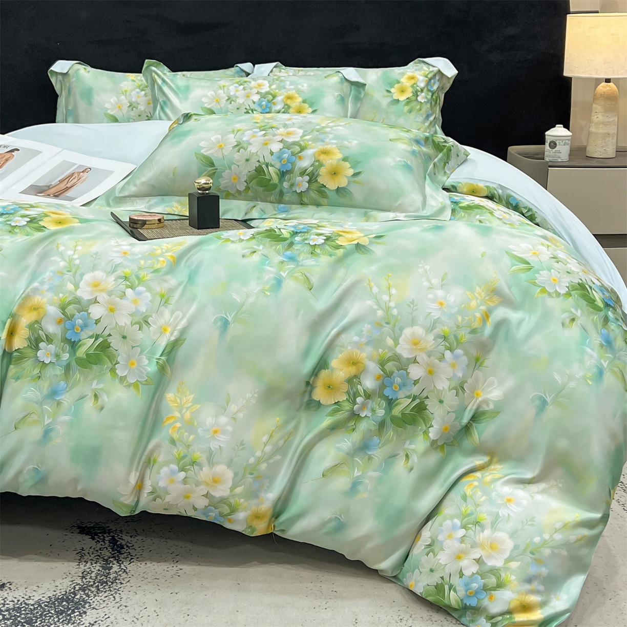 91家纺网 家纺一手货源 找家纺 优贝家纺 2026新款水洗天丝冰丝数码印花四件套 青釉花韵