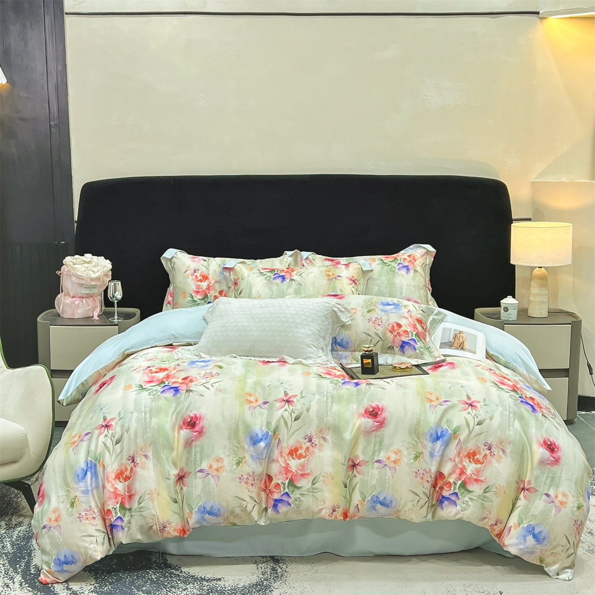 优贝家纺 2026新款水洗天丝冰丝数码印花四件套 青野花叙