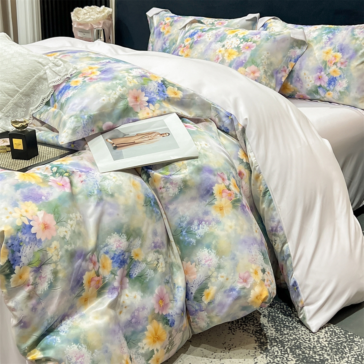 91家纺网 家纺一手货源 找家纺 优贝家纺 2026新款水洗天丝冰丝数码印花四件套 莫奈花境