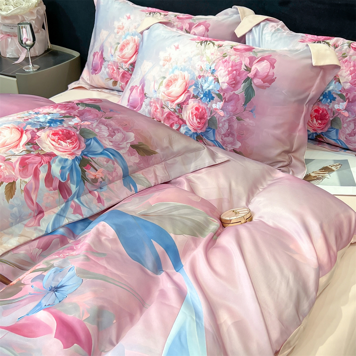 91家纺网 家纺一手货源 找家纺 优贝家纺 2026新款水洗天丝冰丝数码印花四件套 缎带花信