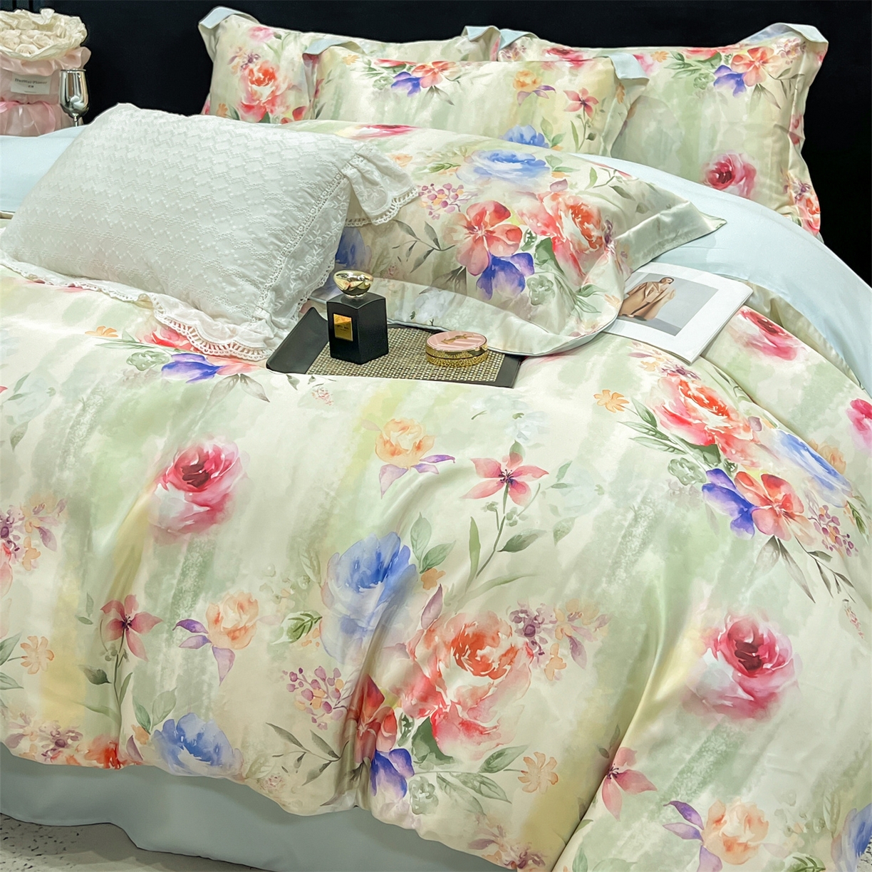 91家纺网 家纺一手货源 找家纺 优贝家纺 2026新款水洗天丝冰丝数码印花四件套 青野花叙