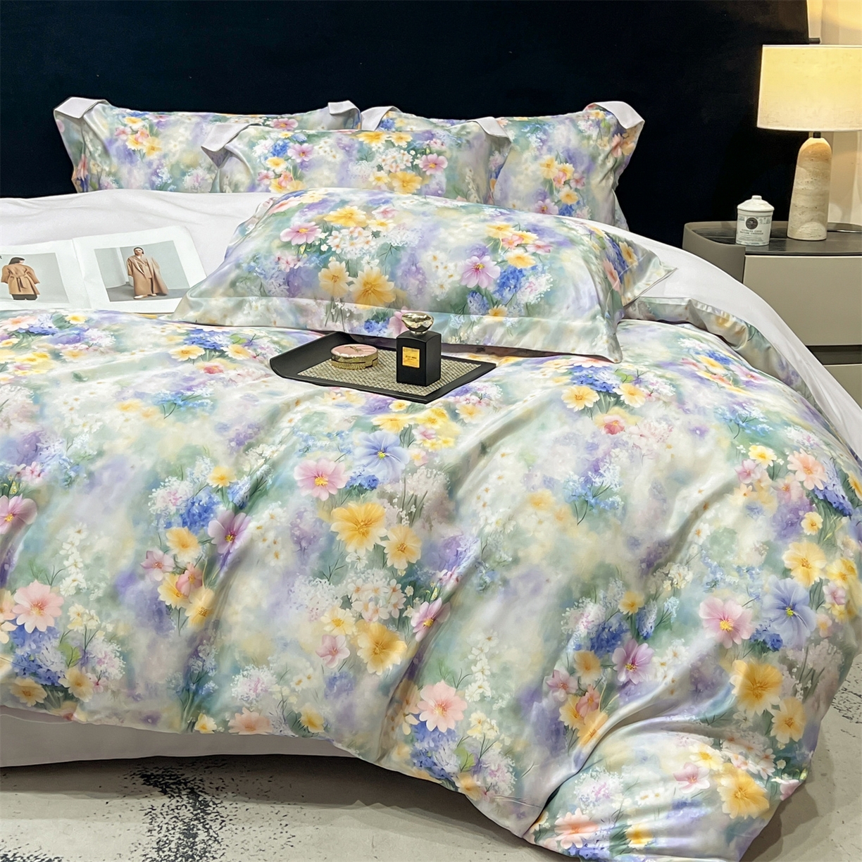 91家纺网 家纺一手货源 找家纺 优贝家纺 2026新款水洗天丝冰丝数码印花四件套 莫奈花境