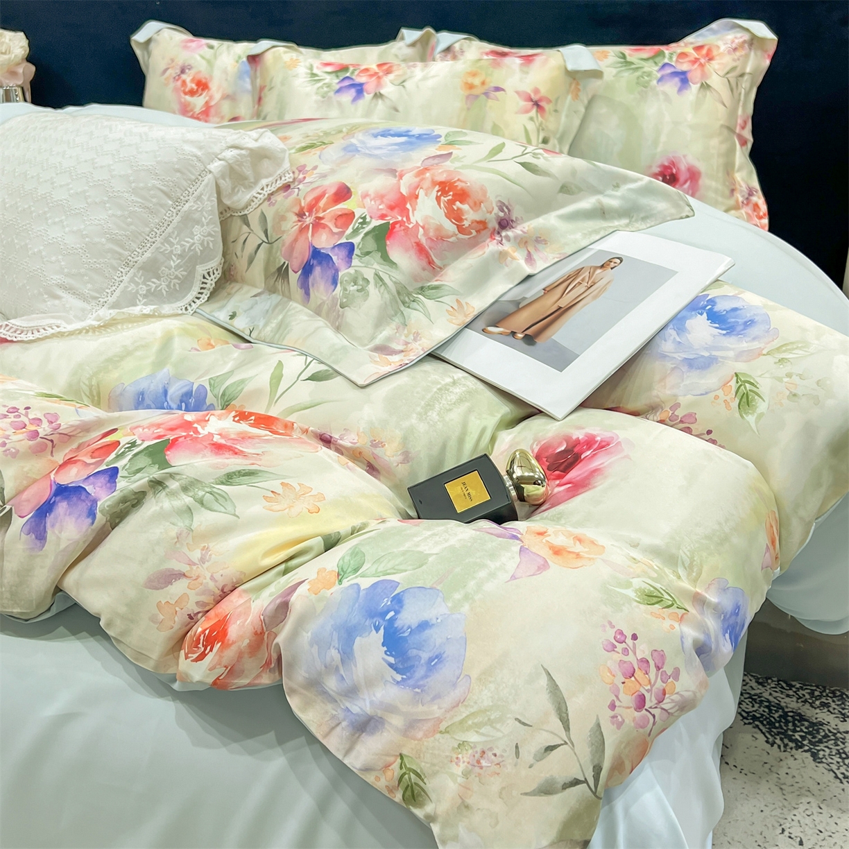 91家纺网 家纺一手货源 找家纺 优贝家纺 2026新款水洗天丝冰丝数码印花四件套 青野花叙