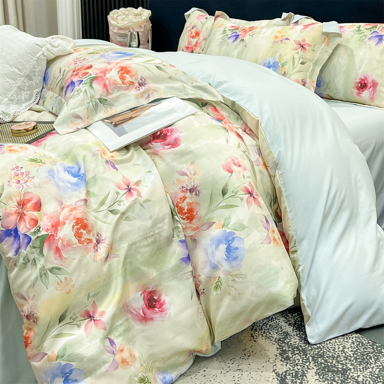 91家纺网 家纺一手货源 找家纺 优贝家纺 2026新款水洗天丝冰丝数码印花四件套 青野花叙