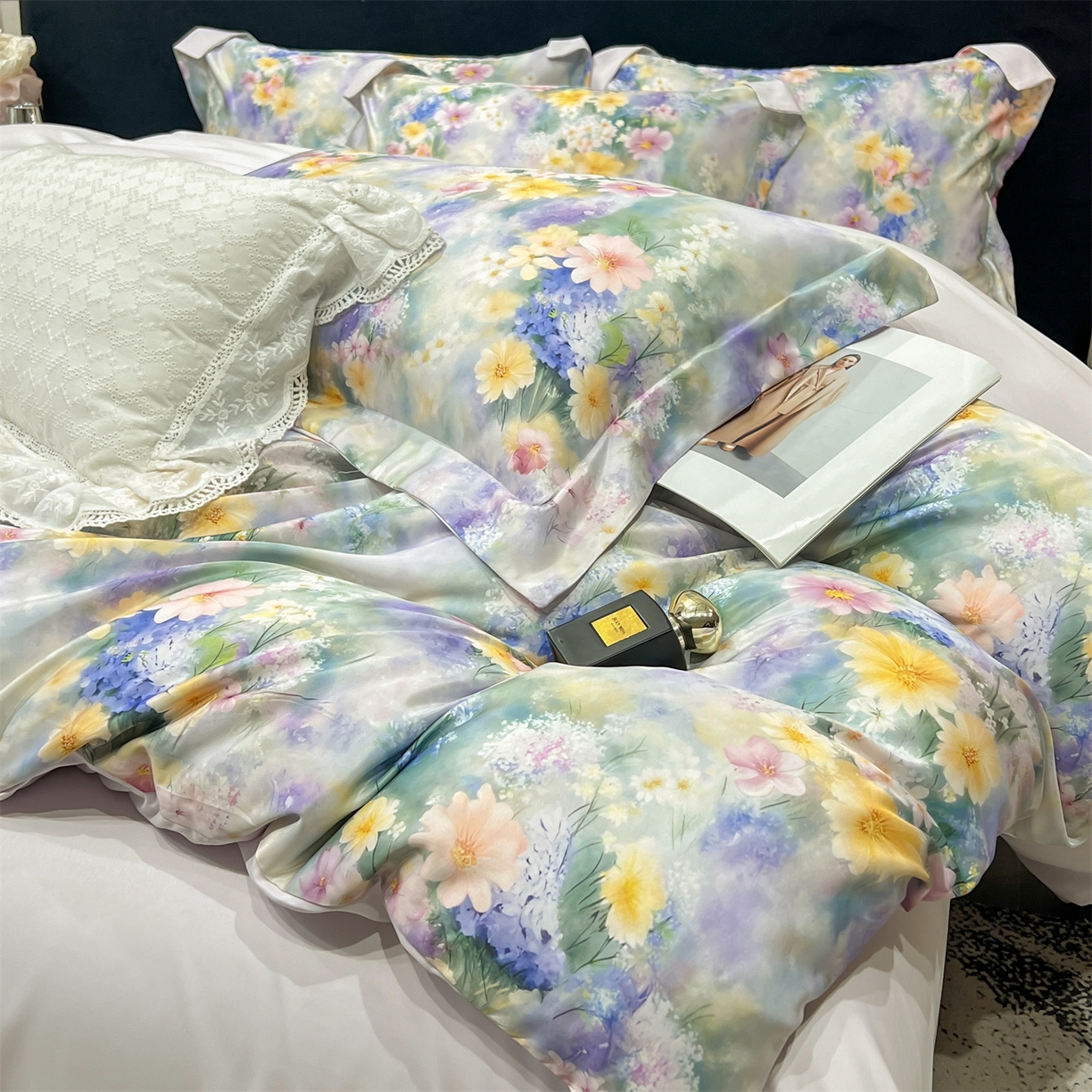 91家纺网 家纺一手货源 找家纺 优贝家纺 2026新款水洗天丝冰丝数码印花四件套 莫奈花境