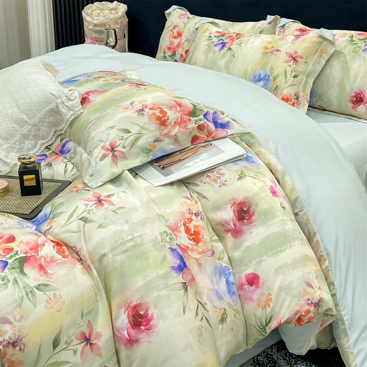 91家纺网 家纺一手货源 找家纺 优贝家纺 2026新款水洗天丝冰丝数码印花四件套 青野花叙