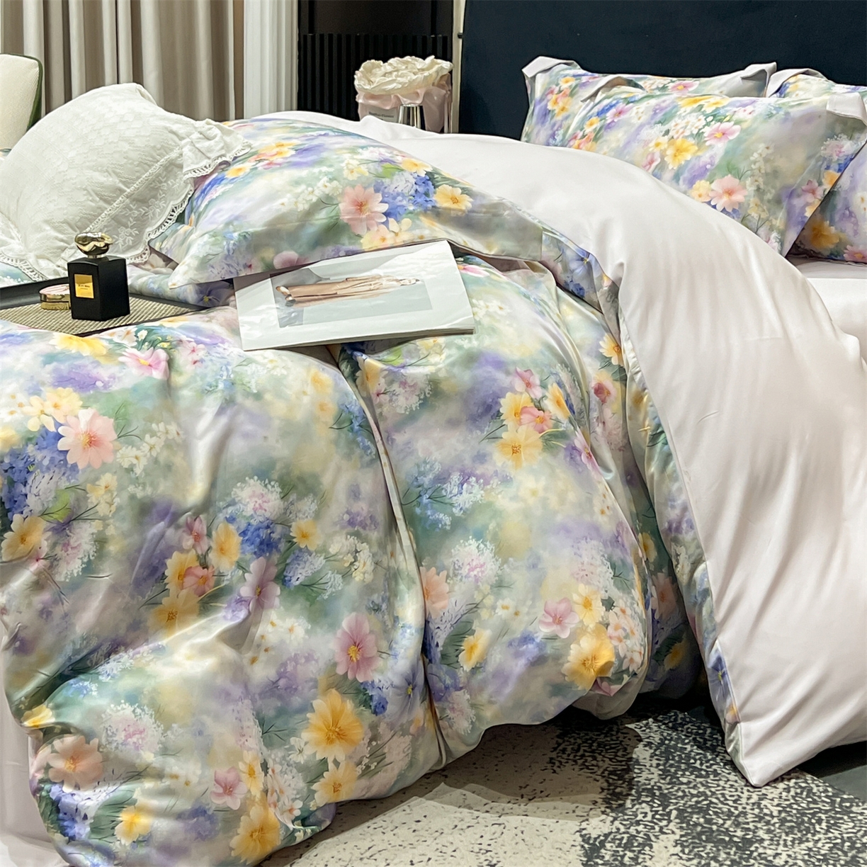 91家纺网 家纺一手货源 找家纺 优贝家纺 2026新款水洗天丝冰丝数码印花四件套 莫奈花境