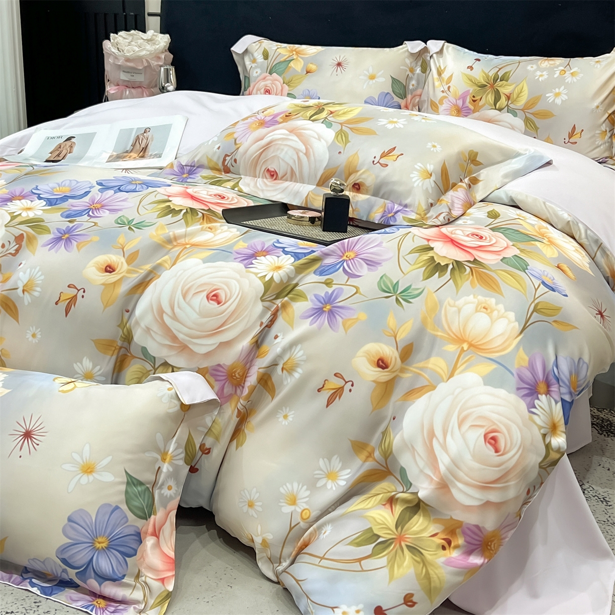 91家纺网 家纺一手货源 找家纺 优贝家纺 2026新款水洗天丝冰丝数码印花四件套 米杏花叙