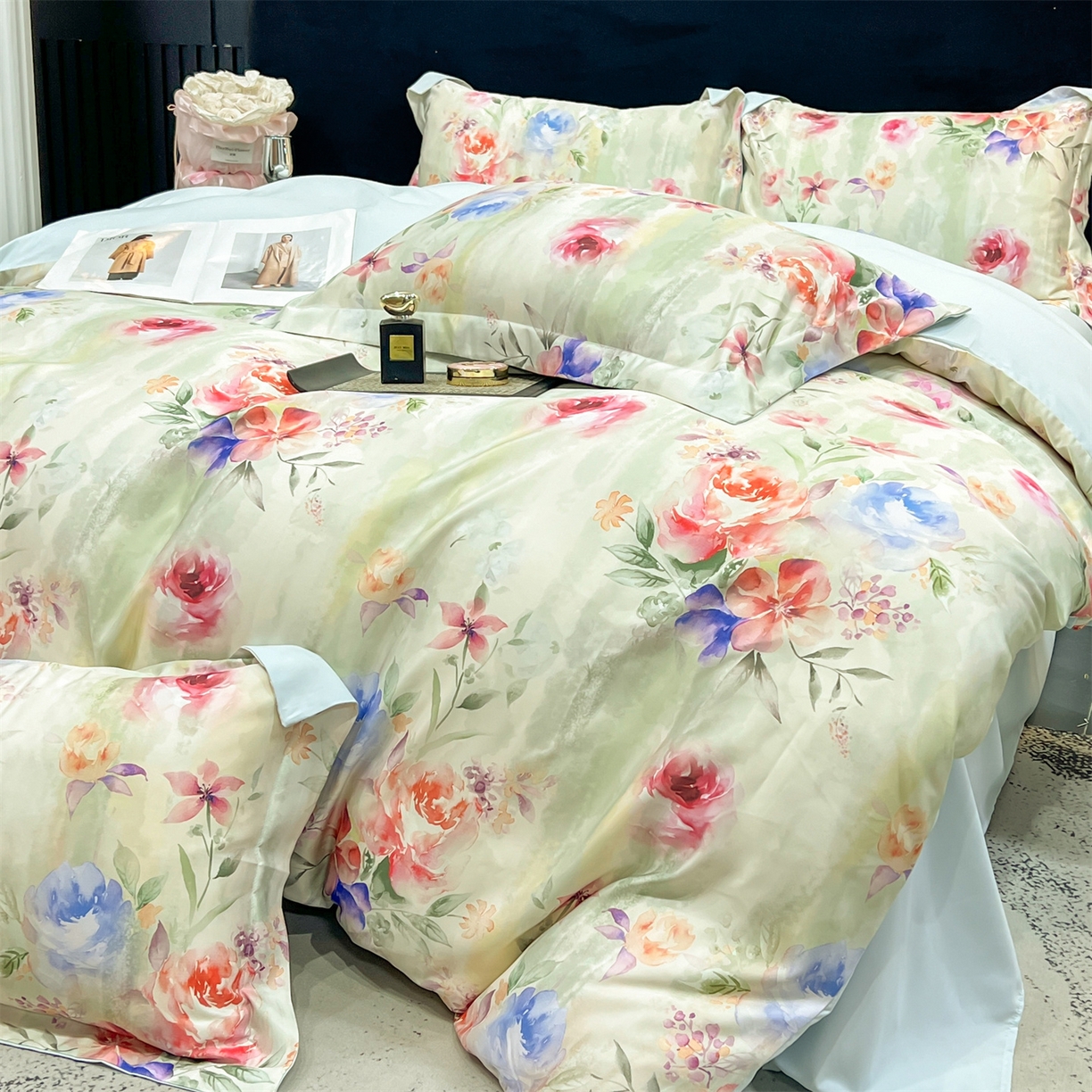 91家纺网 家纺一手货源 找家纺 优贝家纺 2026新款水洗天丝冰丝数码印花四件套 青野花叙