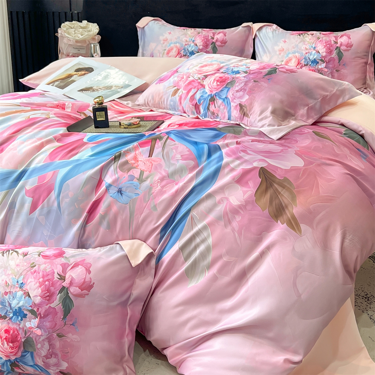 91家纺网 家纺一手货源 找家纺 优贝家纺 2026新款水洗天丝冰丝数码印花四件套 缎带花信