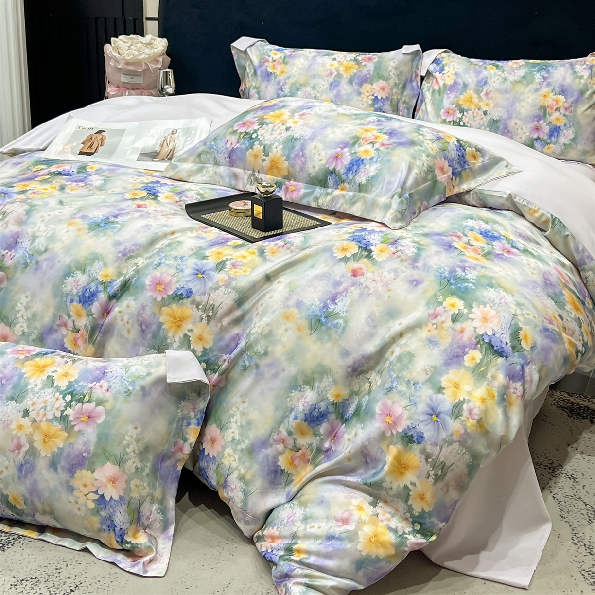 91家纺网 家纺一手货源 找家纺 优贝家纺 2026新款水洗天丝冰丝数码印花四件套 莫奈花境