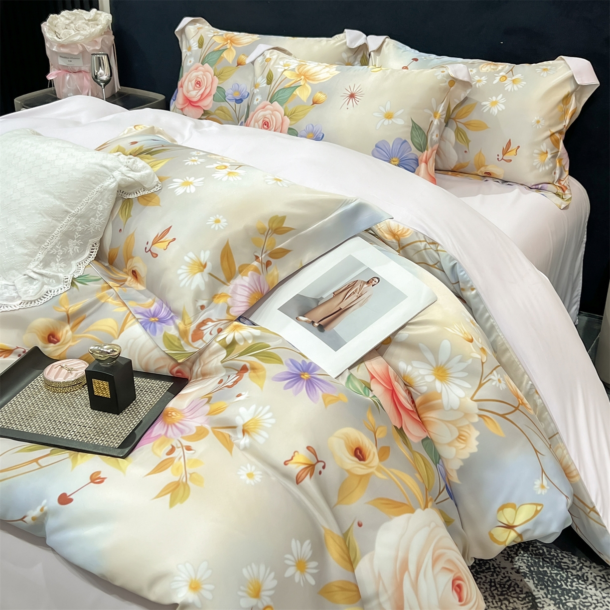 91家纺网 家纺一手货源 找家纺 优贝家纺 2026新款水洗天丝冰丝数码印花四件套 米杏花叙