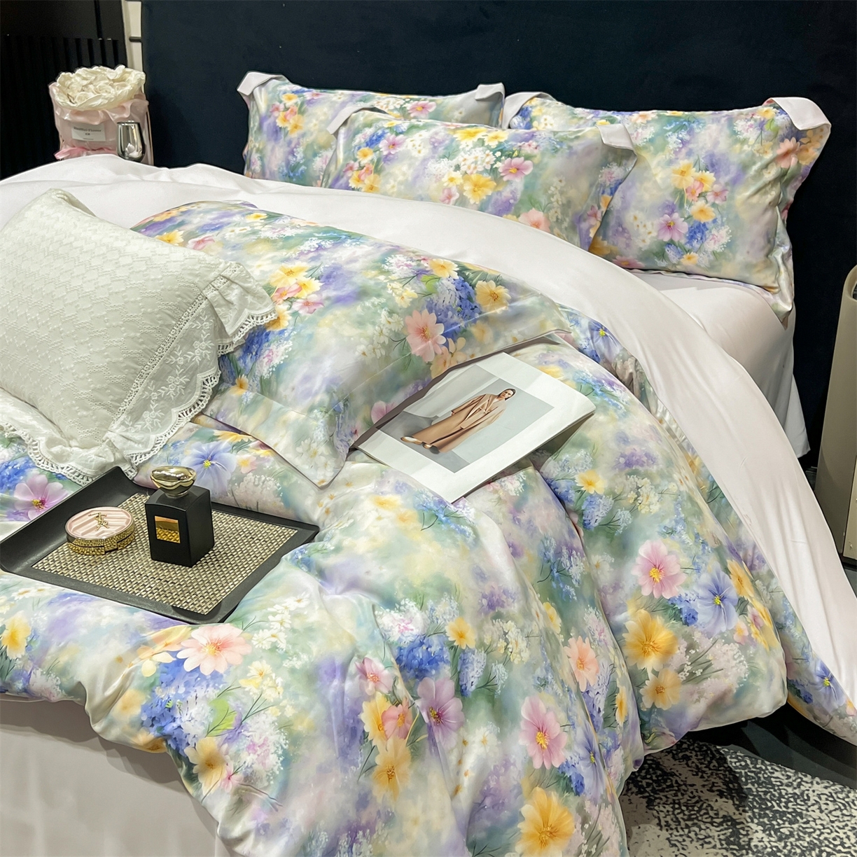 91家纺网 家纺一手货源 找家纺 优贝家纺 2026新款水洗天丝冰丝数码印花四件套 莫奈花境