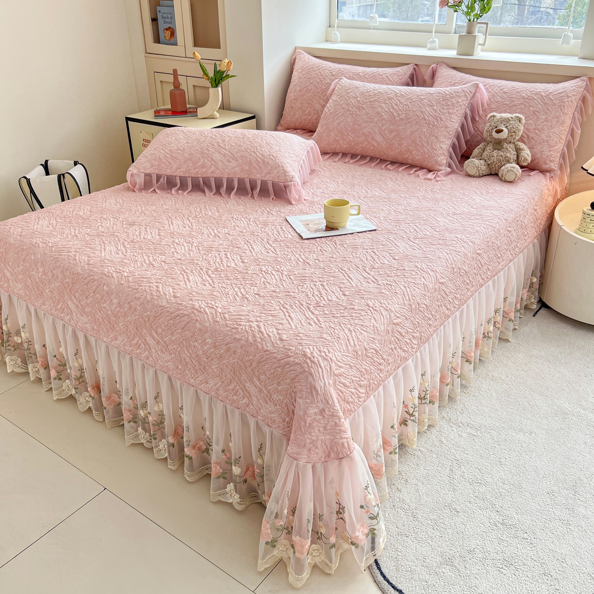 91家纺网 家纺一手货源 找家纺 能好家纺 2026春夏新款高分子PE冰豆豆床盖款凉席席子 轻奢粉