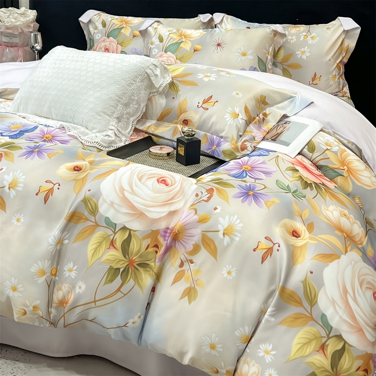 91家纺网 家纺一手货源 找家纺 优贝家纺 2026新款水洗天丝冰丝数码印花四件套 米杏花叙