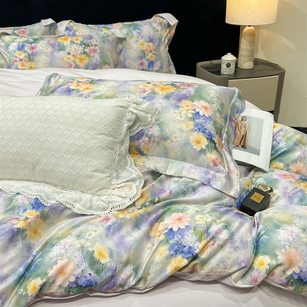 91家纺网 家纺一手货源 找家纺 优贝家纺 2026新款水洗天丝冰丝数码印花四件套 莫奈花境