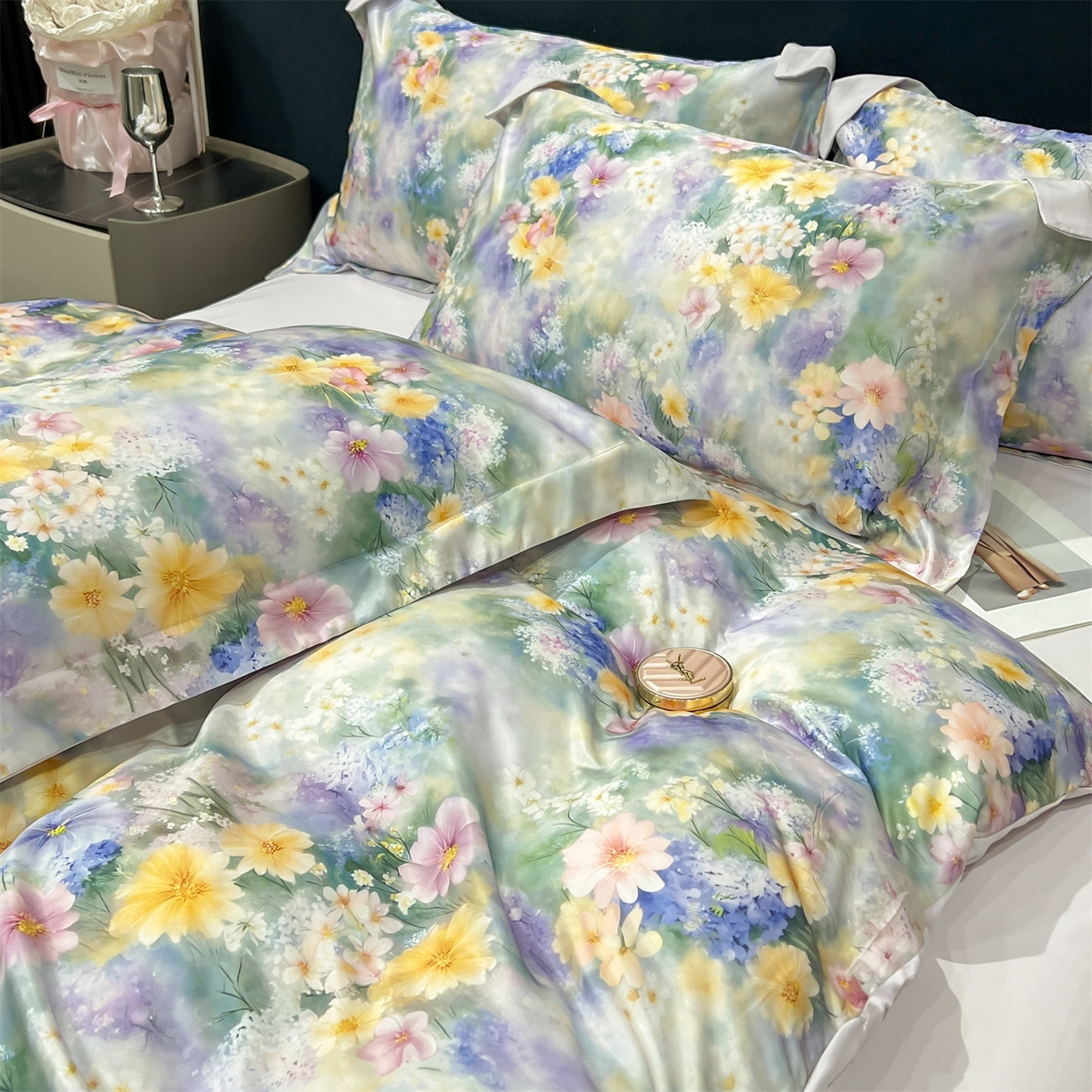 91家纺网 家纺一手货源 找家纺 优贝家纺 2026新款水洗天丝冰丝数码印花四件套 莫奈花境