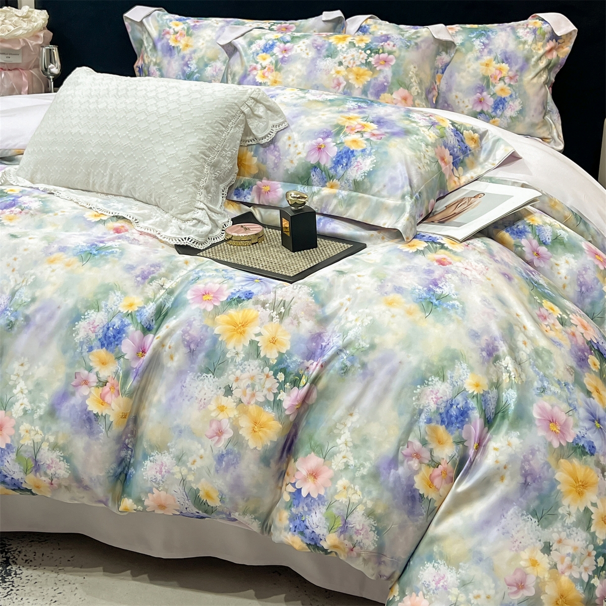 91家纺网 家纺一手货源 找家纺 优贝家纺 2026新款水洗天丝冰丝数码印花四件套 莫奈花境