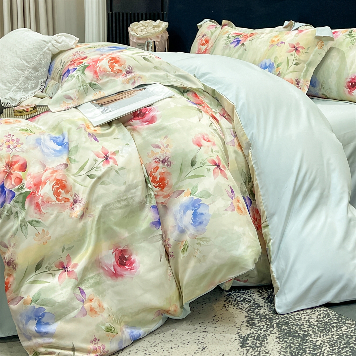 91家纺网 家纺一手货源 找家纺 优贝家纺 2026新款水洗天丝冰丝数码印花四件套 青野花叙