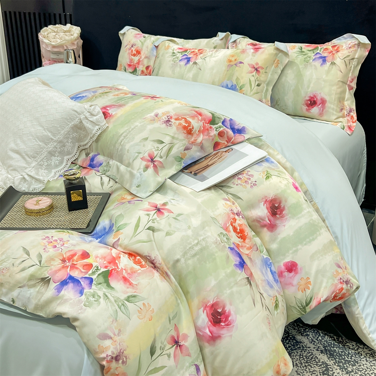 91家纺网 家纺一手货源 找家纺 优贝家纺 2026新款水洗天丝冰丝数码印花四件套 青野花叙