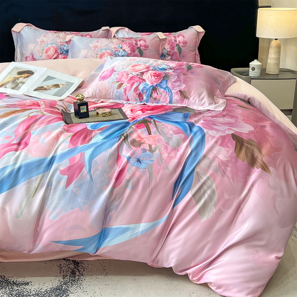 91家纺网 家纺一手货源 找家纺 优贝家纺 2026新款水洗天丝冰丝数码印花四件套 缎带花信