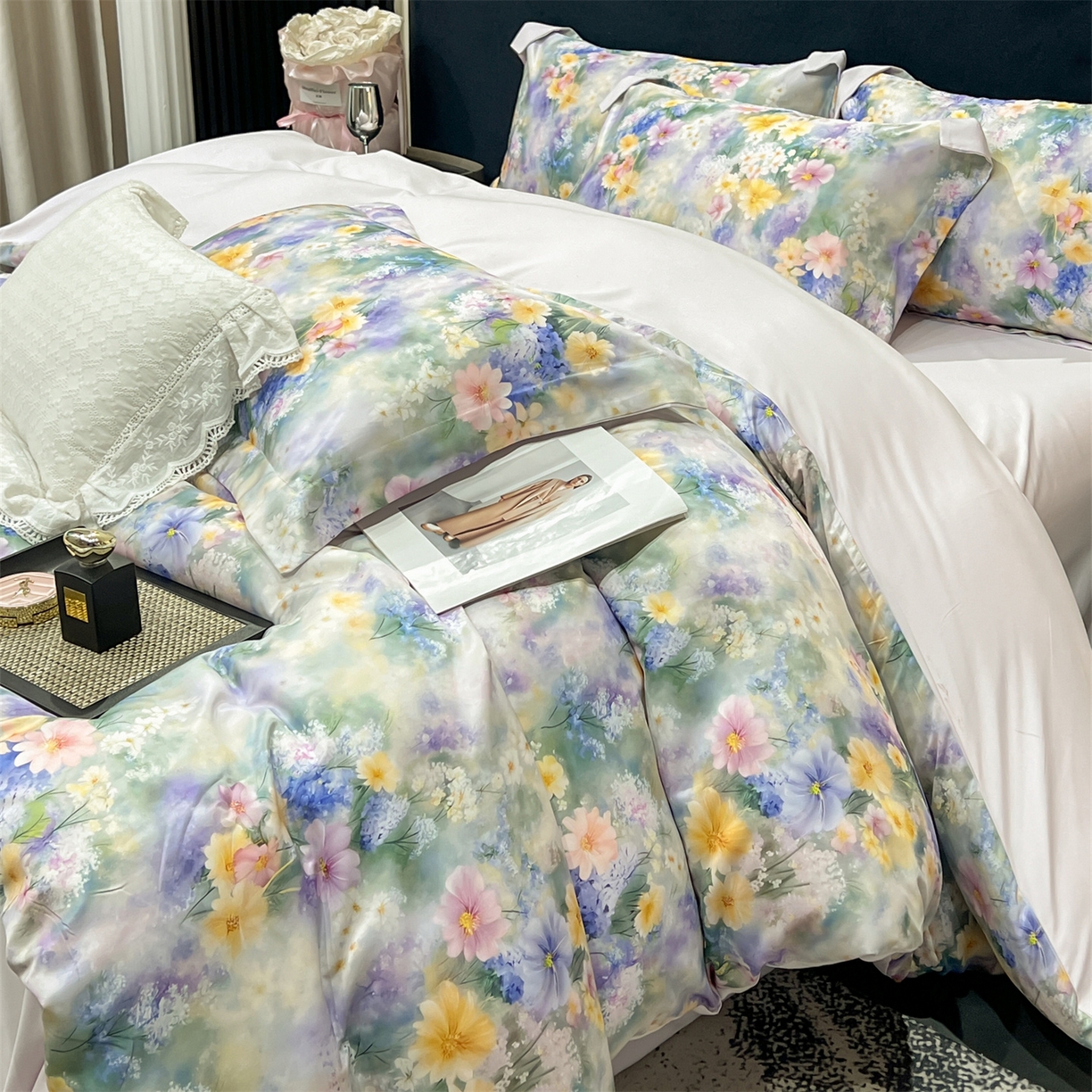 91家纺网 家纺一手货源 找家纺 优贝家纺 2026新款水洗天丝冰丝数码印花四件套 莫奈花境