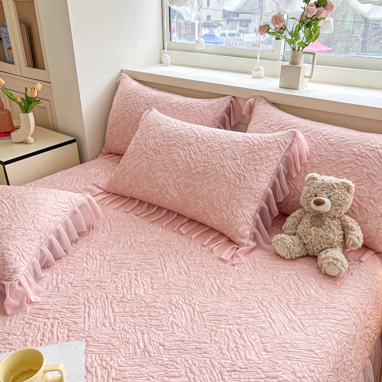 91家纺网 家纺一手货源 找家纺 能好家纺 2026春夏新款高分子PE冰豆豆床盖款凉席席子 轻奢粉