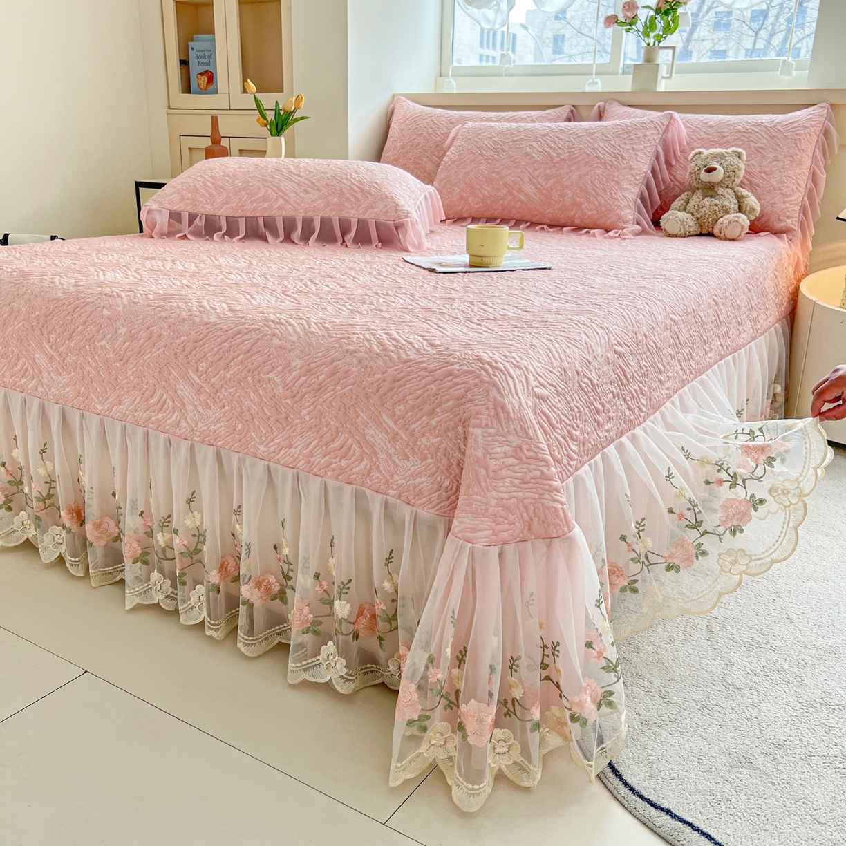 91家纺网 家纺一手货源 找家纺 能好家纺 2026春夏新款高分子PE冰豆豆床盖款凉席席子 轻奢粉