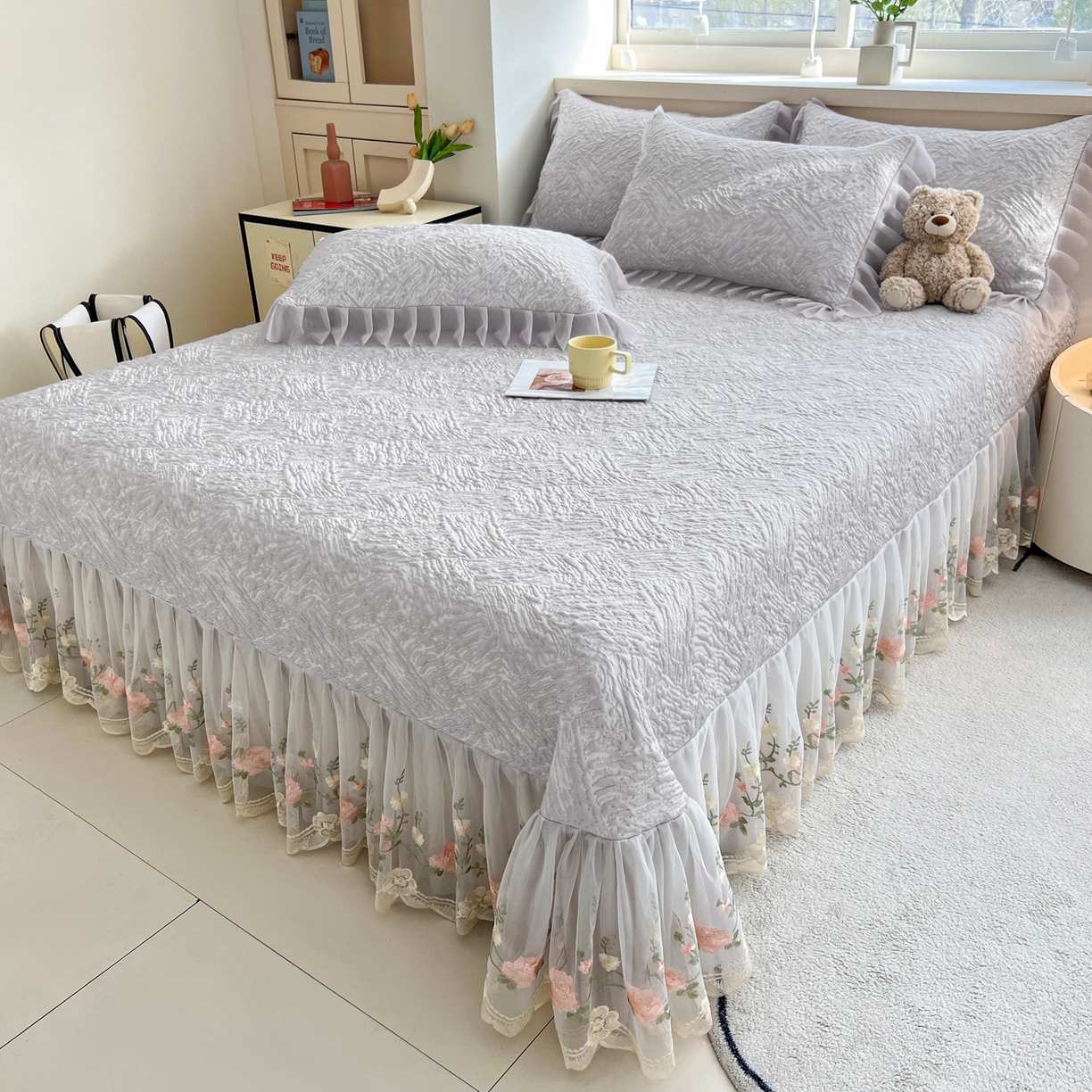 91家纺网 家纺一手货源 找家纺 能好家纺 2026春夏新款高分子PE冰豆豆床盖款凉席席子 轻奢灰